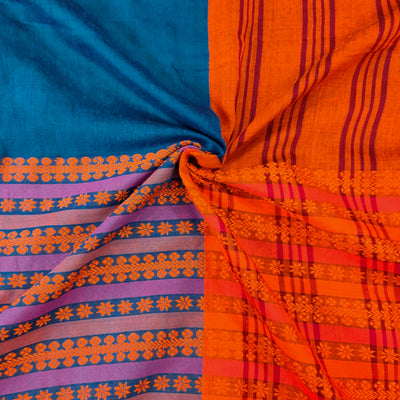 AASAWARI - Pure Mercerised Cotton With Manipuri thread Weave Saree Blue Orange