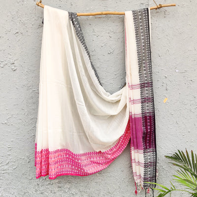 AASAWARI - Pure Mercerised Cotton With Manipuri thread Weave Saree Cream Black Pink