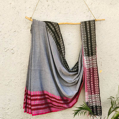 AASAWARI - Pure Mercerised Cotton With Manipuri thread Weave Saree Grey Black Pink