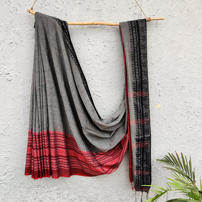 AASAWARI - Pure Mercerised Cotton With Manipuri thread Weave Saree Grey Black Red