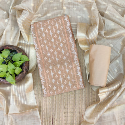 AASHA - Beige Cotton Silk Embroidered Top With Plain Cotton Silk Bottom And Banarasi Dupatta