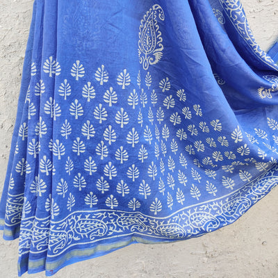AASHA - Chanderi Blue Hand Block Printed Saree