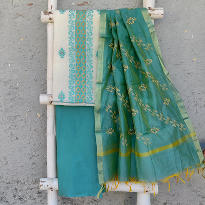AASHA - Cream Cotton Silk With Machine Embroidery Yoke Panel Top Fabric With Plain Cotton Silk Bottom And An Embroidered Cotton Silk Dupatta Blue