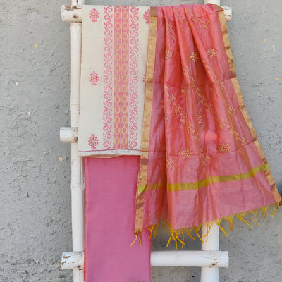 AASHA - Cream Cotton Silk With Machine Embroidery Yoke Panel Top Fabric With Plain Cotton Silk Bottom And An Embroidered Cotton Silk Dupatta Pink