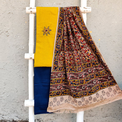 AASHIMA - Pure Cottom Yellow With An Embroidered Motif Navy Blue Bottom And A Pure Cotton Kalamkari Dupatta