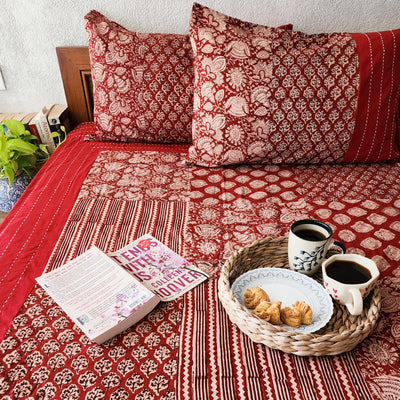 AASHIYAAN - Pure Cotton Handmade Patchwork Kaatha Hand Stitched Bedspread Madder Rust Bagru