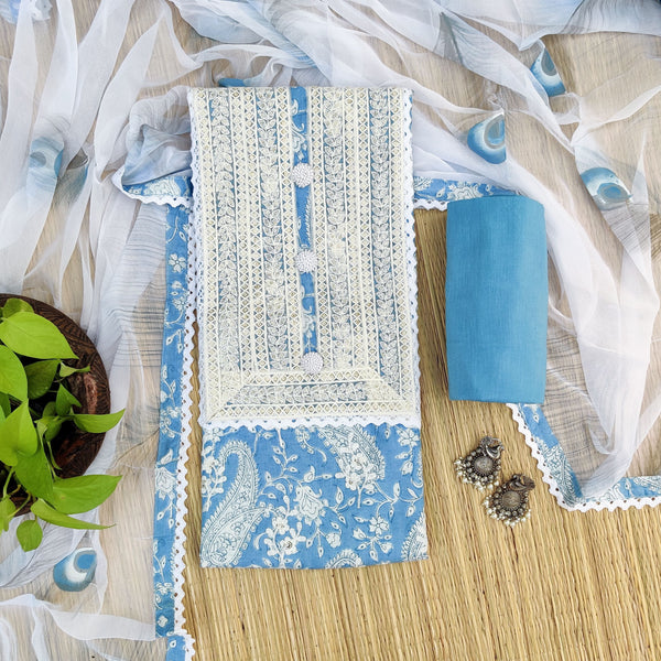 AASMAAN - Pure Cotton Blue Printed Top With A Beautiful Yoke Plain Bottom And A Hand Painted Dupatta