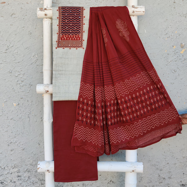 ABHA - Pure Handloom Cotton Patch Top With Plain Maroon Bottom And A Printed Maroon Dupatta