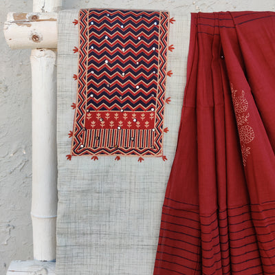 ABHA - Pure Handloom Cotton Patch Top With Plain Maroon Bottom And A Printed Maroon Dupatta