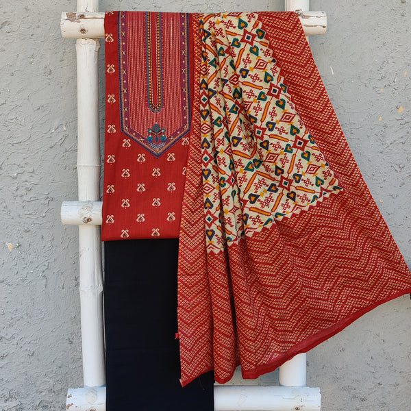 ABHIR - Pure Handloom Cotton Patch Maroon Top With Plain Black Bottom And A Printed Dupatta