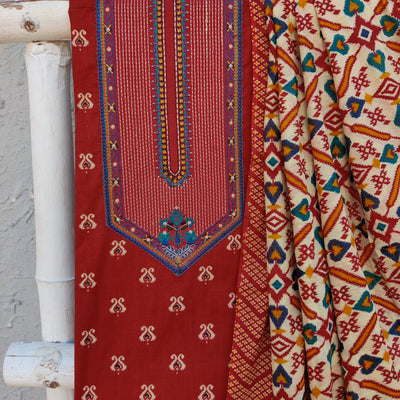 ABHIR - Pure Handloom Cotton Patch Maroon Top With Plain Black Bottom And A Printed Dupatta
