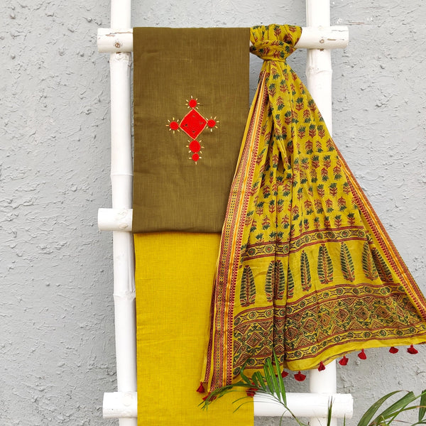 ADHIKA - Pure Cotton Olive Slub With Crochet Neck Work And An Ajrak Dupatta