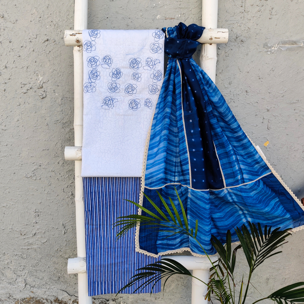 ADRIKA - Pure Cotton Embroiedered Yoke With Jaipuri Stripes Pant And A Beautiful Thread Shibori Dupatta