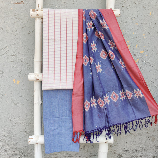 ADRIKA - Pure Cotton Handloom Cream Stripes With Textured Denim Plain Bottom With Beautiful Ikkat Dupatta