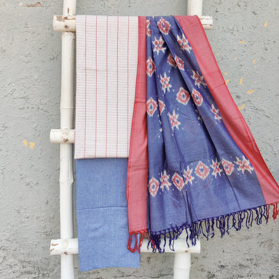 ADRIKA - Pure Cotton Handloom Cream Stripes With Textured Denim Plain Bottom With Beautiful Ikkat Dupatta