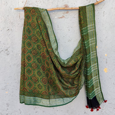 AFREEN - Linen Ajrak Hand Block Printed Saree Green