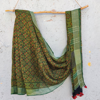 AFREEN - Linen Ajrak Hand Block Printed Saree Green Tile