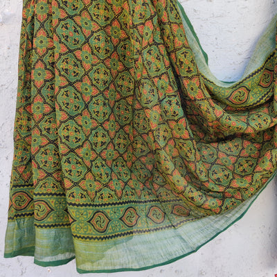 AFREEN - Linen Ajrak Hand Block Printed Saree Green Tile