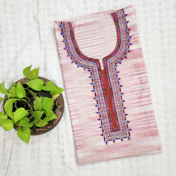 AHANA-Pure Cotton Handloom Textured Stripes With Beautiful Embroidered Yoke Pre Designed Unstitched Kurta Fabric