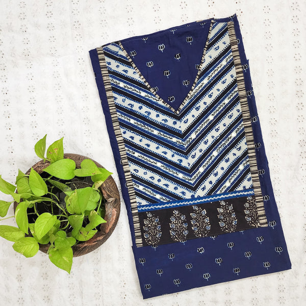 AISHA-Pure Cotton Double Ajrak Blue With Intricate Yoke Pre Designed Unstitched Kurta Fabric