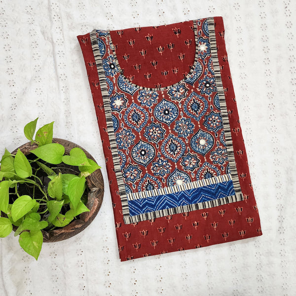 AISHA-Pure Cotton Double Ajrak Madder  With Intricate Yoke Pre Designed Unstitched Kurta Fabric