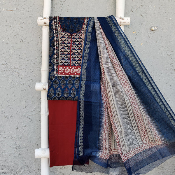 AJRAK QUEEN - Pure Cotton Patch Embroidered Yoke On Ajrak Top Fabric With A Printed Bottom And A Kota Dupatta