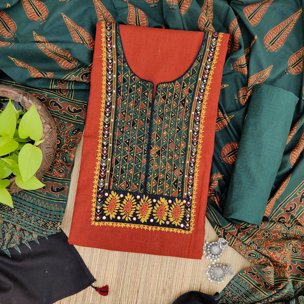 AJRAK QUEEN - Pure Cotton Self Design Rust Brown Top Fabric With A Beautiful Patch Yoke With Plain Bottom And An Ajrak Cotton Dupatta