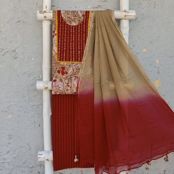 ALBELI - Pure Cotton Jaipuri Top With Embelished Yoke With Stripes Bottom And A Shaded Chiffon Dupatta