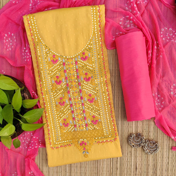 ANAMIKA - Pure Cotton Daby Yellow With Embroidered Yoke Pink Bottom And A Bandhani Chiffon Dupatta