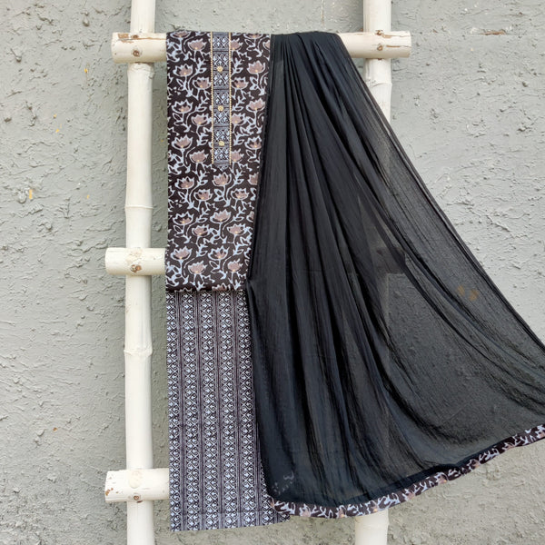 ANANDI - Deep Brown Glazed Cotton Top Fabric With Stripes Glazed Cotton Bottom And A Chiffon Dupatta