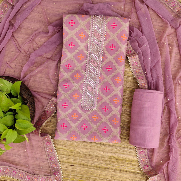 ANANYA - Lavender Pink Brocade Top Fabric With Plain Rayon Bottom And A Chiffon Monochome Dupatta