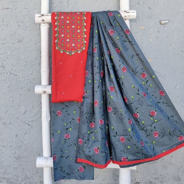 ANAYA - Pue Cotton Peach Embroidered Top Fabric With Grey Printed Bottom And A Grey Dupatta