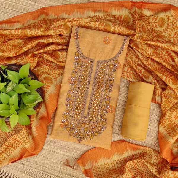ANEKA - Cotton Silk Self Embroidered Top With Yoke Embroidery A Matching Bottom And A Digitally Printed Cotton Silk Dupatta Mustard