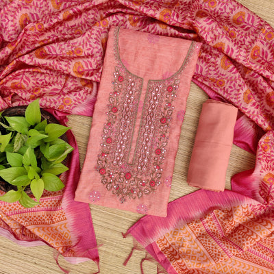 ANEKA - Cotton Silk Self Embroidered Top With Yoke Embroidery A Matching Bottom And A Digitally Printed Cotton Silk Dupatta Pink