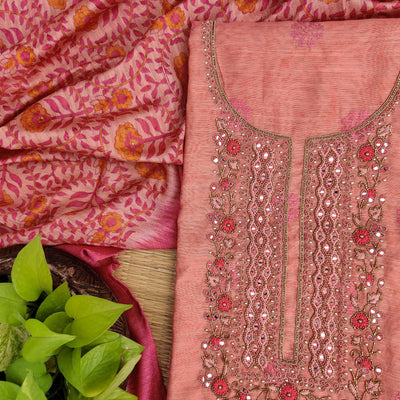 ANEKA - Cotton Silk Self Embroidered Top With Yoke Embroidery A Matching Bottom And A Digitally Printed Cotton Silk Dupatta Pink
