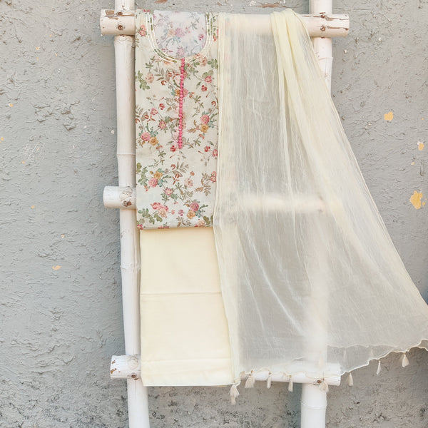 ANEKA - Pure  Cotton Digitally Printed Top Fabric With Pink Potlis Plain  Bottom And A Chiffon Dupatta