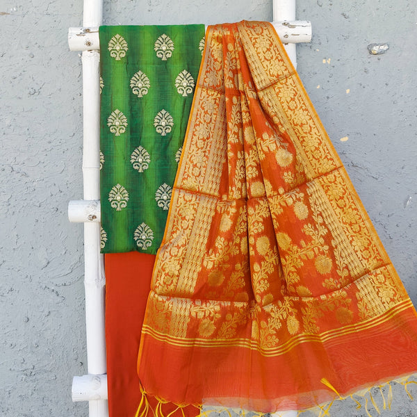 ANOKHI - Cotton Silk Green Embroidered Top With Cotton Silk Bottom And A Banarasi Dupatta