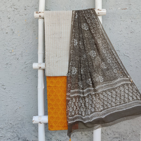 ANOKHI - Pure Cotton Kashish Kaatha Top Fabric With Mustard Printed Bottom And A Kashish Chiffon Dupatta