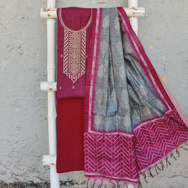 ANUBHA - Magenta Cotton Silk Top Fabric With Embroidered Neck Yoke With Plain Bottom And A Thread Shibori Dupatta