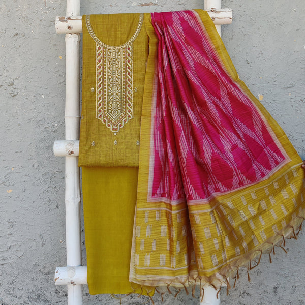 ANUBHA - Mustard Cotton Silk Top Fabric With Embroidered Neck Yoke With Plain Bottom And A Thread Shibori Dupatta
