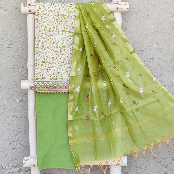 ANURAG - Cream Cotton Silk Machine All Over Embroidered Top Fabric With Plain Cotton Silk Bottom And A Cotton Silk Embroidered Dupatta Pastel Green