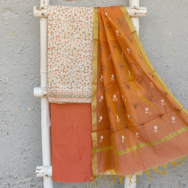 ANURAG - Cream Cotton Silk Machine All Over Embroidered Top Fabric With Plain Cotton Silk Bottom And A Cotton Silk Embroidered Dupatta Peach