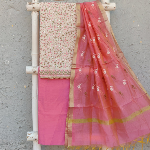 ANURAG - Cream Cotton Silk Machine All Over Embroidered Top Fabric With Plain Cotton Silk Bottom And A Cotton Silk Embroidered Dupatta Pink