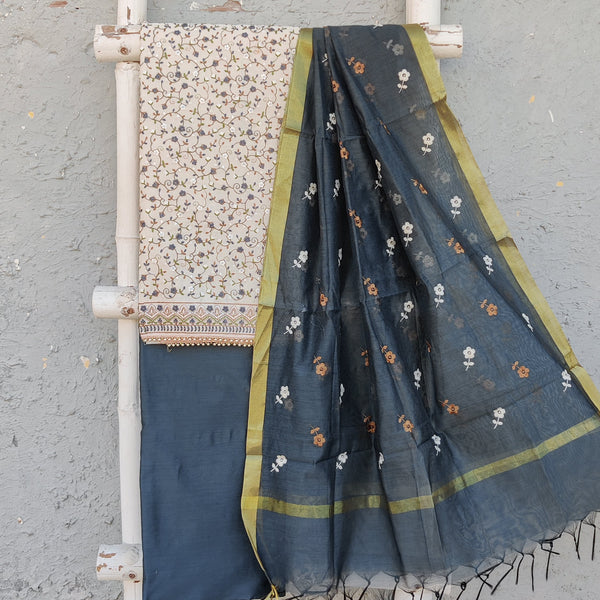 ANURAG - Cream Cotton Silk Machine All Over Embroidered Top Fabric With Plain Grey Cotton Silk Bottom And A Cotton Silk Embroidered Dupatta
