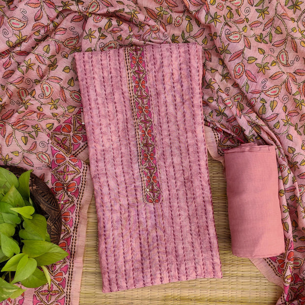 ANUYA - Digital Print Pink With Kaatha Stitch Work Top Fabric With Rayon Pink Bottom Fabric With Kaatha Work Digital Print Dupatta