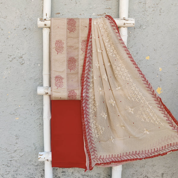 APARAJITA - Pure Cotton Brown Top Fabric Woth Red Pure Cotton Bottom Fabric And A Chiffon Printed Dupatta