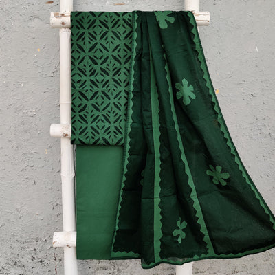 APPLIQUE QUEEN - Pure Cotton Monochrome Applique Suit Set Dark Green