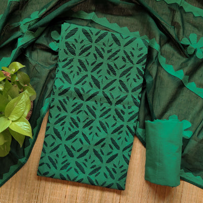 APPLIQUE QUEEN - Pure Cotton Monochrome Applique Suit Set Dark Green