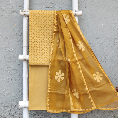 APPLIQUE QUEEN - Pure Cotton Monochrome Applique Suit Sets Pastel Mustard