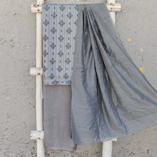 AROHI - Digitally Printed Jacquard Cotton Silk Grey Top With Rayon Bottom And Satin Cotton Silk Dupatta
